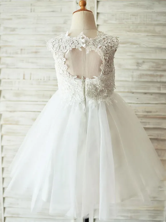 Robes cortège enfant col rond en dentelle jupe en tulle Robe fille de fleur