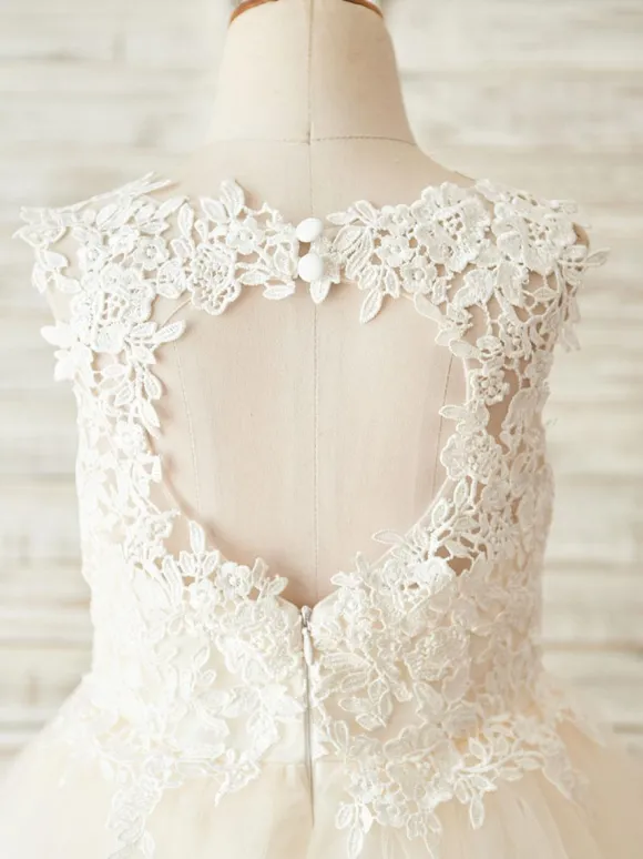 Robes cortège enfant col rond en dentelle jupe en tulle Robe fille de fleur