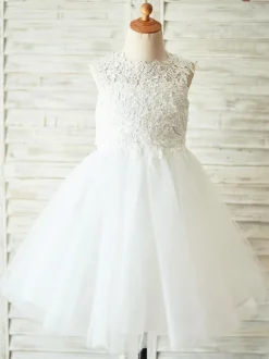 Robes cortège enfant col rond en dentelle jupe en tulle Robe fille de fleur