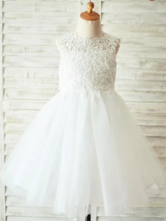 Robes cortège enfant col rond en dentelle jupe en tulle Robe fille de fleur