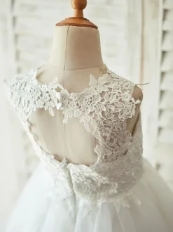 Robes cortège enfant col rond en dentelle jupe en tulle Robe fille de fleur