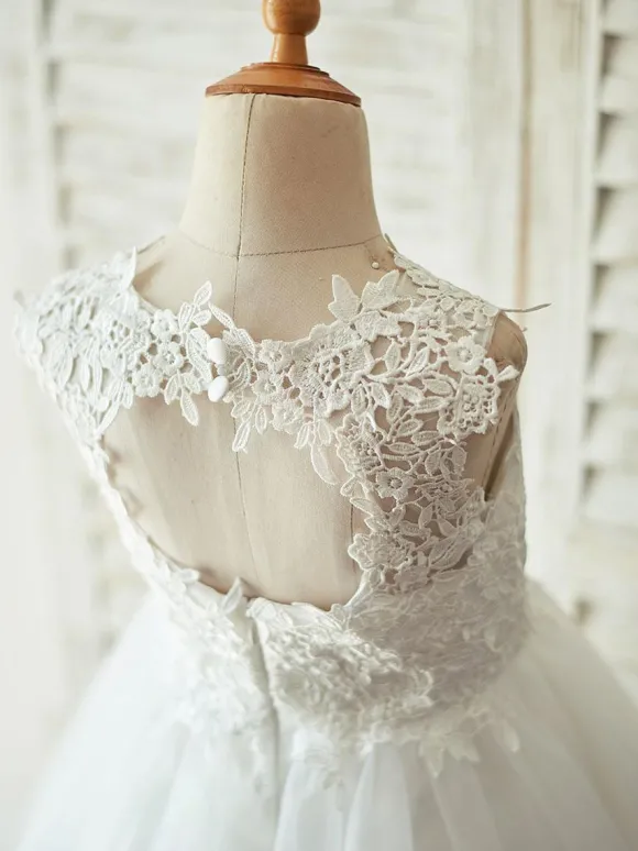 Robes cortège enfant col rond en dentelle jupe en tulle Robe fille de fleur