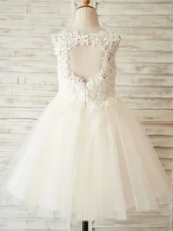 Robes cortège enfant col rond en dentelle jupe en tulle Robe fille de fleur