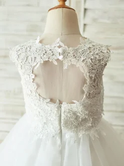 Robes cortège enfant col rond en dentelle jupe en tulle Robe fille de fleur