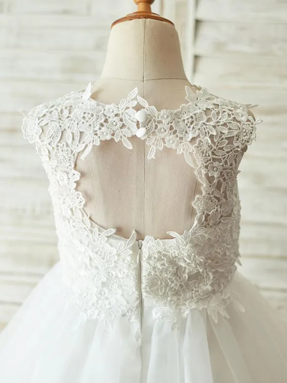 Robes cortège enfant col rond en dentelle jupe en tulle Robe fille de fleur