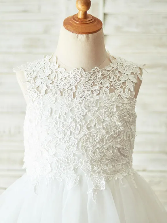 Robes cortège enfant col rond en dentelle jupe en tulle Robe fille de fleur