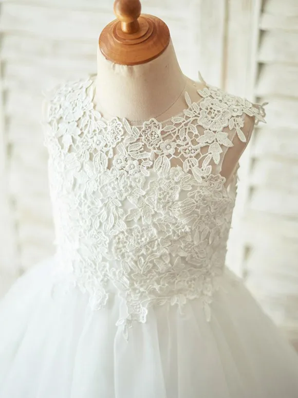 Robes cortège enfant col rond en dentelle jupe en tulle Robe fille de fleur