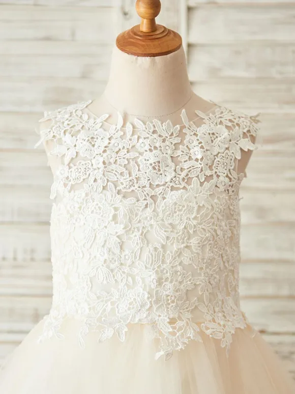 Robes cortège enfant col rond en dentelle jupe en tulle Robe fille de fleur