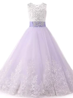 Robes cortège enfant col rond sans manches décoré de pailletes Robe fille de fleur à traîne