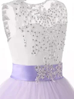Robes cortège enfant col rond sans manches décoré de pailletes Robe fille de fleur à traîne