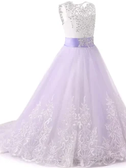 Robes cortège enfant col rond sans manches décoré de pailletes Robe fille de fleur à traîne