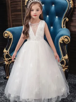 Robes cortège enfant robe cérémonie fille en dentelles Polyester Longueur cheville