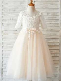 Robes cortège enfant robe cérémonie fille col rond manche courte en dentelle