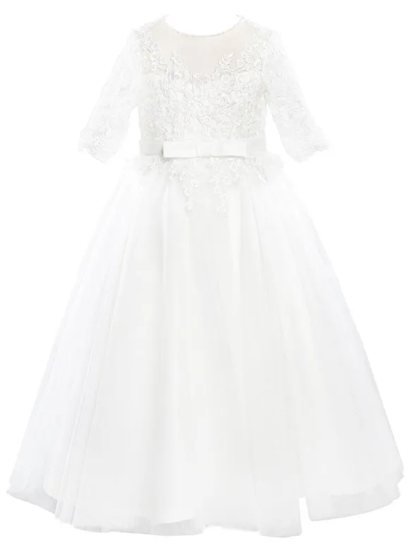 Robes cortège enfant robe cérémonie fille col rond manche courte en dentelle