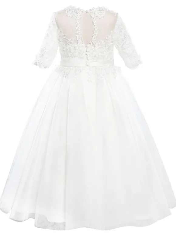 Robes cortège enfant robe cérémonie fille col rond manche courte en dentelle