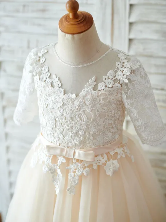 Robes cortège enfant robe cérémonie fille col rond manche courte en dentelle