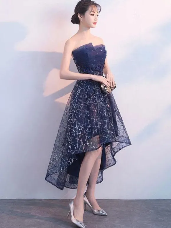 Robes de bal courtes bleu marine en dentelle paillettes Robe de Cocktail
