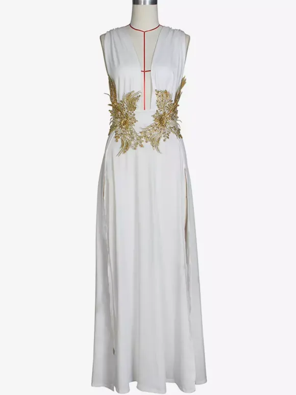 Robes de bal Robe longue semi-formelle brodée à col en V et fente haute