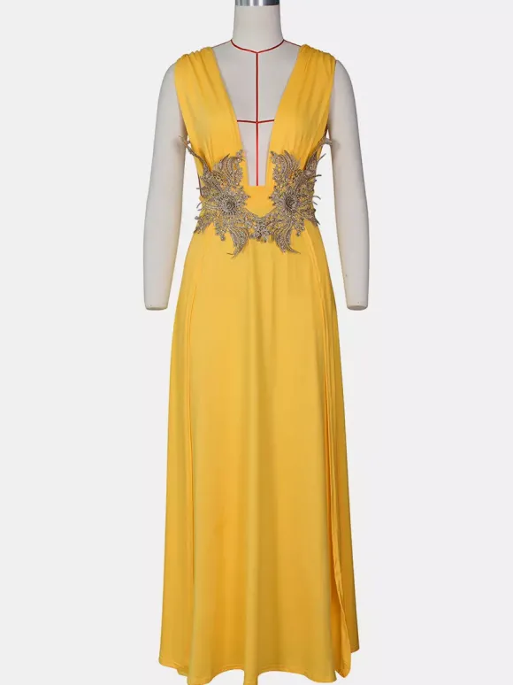 Robes de bal Robe longue semi-formelle brodée à col en V et fente haute