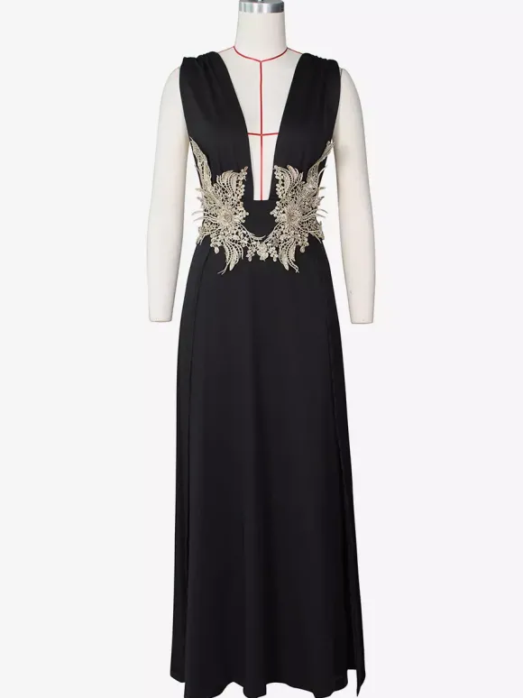 Robes de bal Robe longue semi-formelle brodée à col en V et fente haute