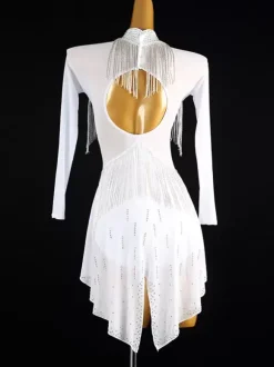 Robes de danse latine blanc femmes frange strass dos nu élégant Lycra Spandex robe vêtements de danse