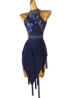 Robes de danse latine bleu marine foncé femmes strass imprimé fleuri moulante Sexy robe en Polyester vêtements de danse
