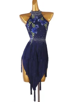Robes de danse latine bleu marine foncé femmes strass imprimé fleuri moulante Sexy robe en Polyester vêtements de danse