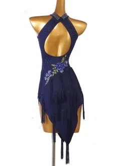 Robes de danse latine bleu marine foncé femmes strass imprimé fleuri moulante Sexy robe en Polyester vêtements de danse