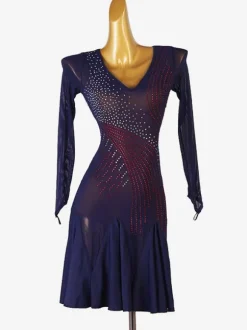 Robes De Danse Latine Bleu Marine Foncé Femmes Costume De Danse Manches Longues