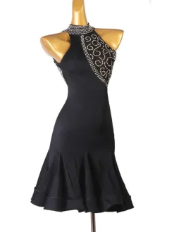 Robes de danse latine femmes noires strass moulante Sexy robe en Polyester Costume de danse