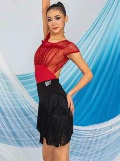 Robes de danse latine marron café jupe en Polyester pour femmes haut transparent élégant à franges Costume de danse latine