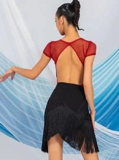 Robes de danse latine marron café jupe en Polyester pour femmes haut transparent élégant à franges Costume de danse latine