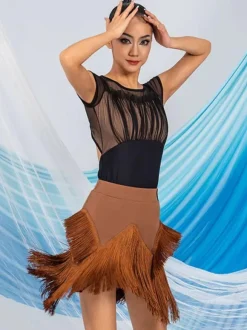 Robes de danse latine marron café jupe en Polyester pour femmes haut transparent élégant à franges Costume de danse latine
