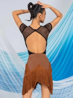 Robes de danse latine marron café jupe en Polyester pour femmes haut transparent élégant à franges Costume de danse latine