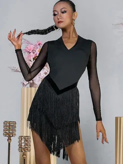 Robes de danse latine noir femmes robe en Polyester dos nu Sexy frange danseuse latine Costume de danse