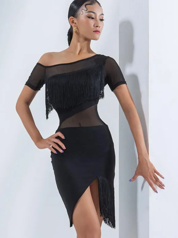 Robes de danse latine noires pour femmes ensemble superposé à franges robe élégante en Polyester vêtements de danse