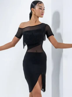 Robes de danse latine noires pour femmes ensemble superposé à franges robe élégante en Polyester vêtements de danse