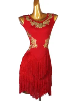 Robes de danse latine Robe Lycra Spandex pour femme rouge Costume de danse de danseuse latine