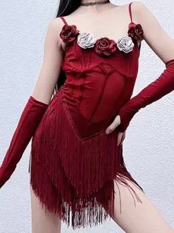 Robes de danse latine Robe en polyester bordeaux pour fille Vêtements de danse à fleurs
