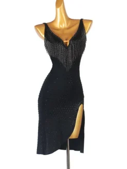 Robes de danse latine Robe noire en polyester pour femmes Vêtements de danse latine sexy