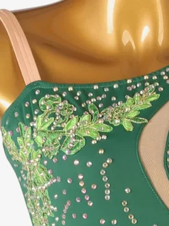 Robes De Danse Latine Vert Foncé Femmes Strass Frange Une Épaule Nu Sexy Lycra Spandex Robe Danse Costume