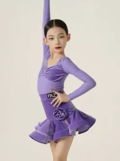 Robes de danse latine violettes à manches longues pour filles et femmes robe sculptante pour la danse latine