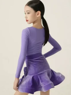 Robes de danse latine violettes à manches longues pour filles et femmes robe sculptante pour la danse latine