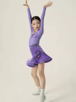 Robes de danse latine violettes à manches longues pour filles et femmes robe sculptante pour la danse latine