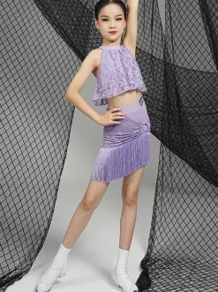 Robes de danse latine violet ensemble pour filles haut en Polyester jupe vêtements de danse