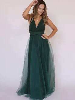 Robes de demoiselle d'honneur cyan en tulle A-line col en V longueur au sol fermeture éclair robe de soirée de mariage