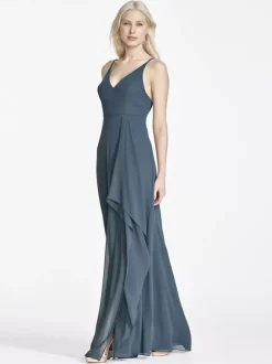 Robes de demoiselle d'honneur en mousseline de soie sans manches ligne a irrégulière robe longue de fête de mariage