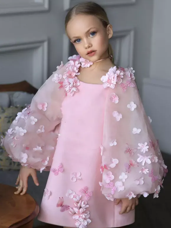 Robes de demoiselle d'honneur de mariage robes d'occasion spéciale roses manches longues appliques
