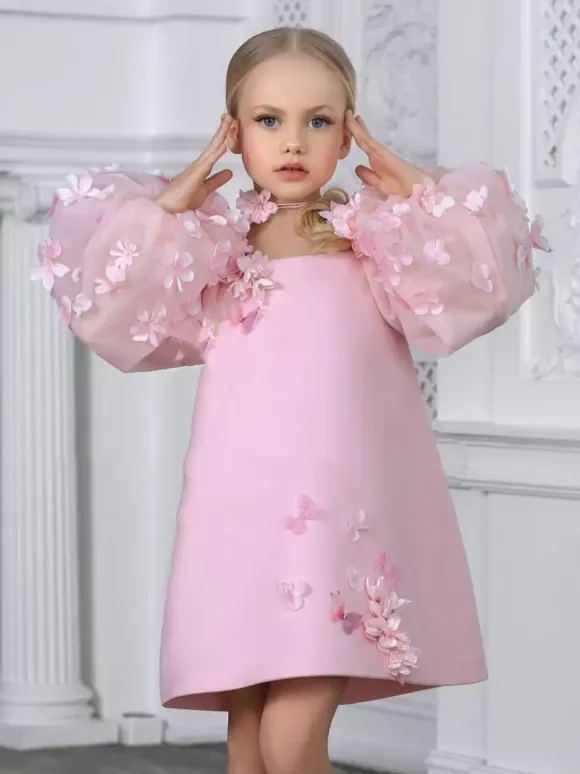 Robes de demoiselle d'honneur de mariage robes d'occasion spéciale roses manches longues appliques
