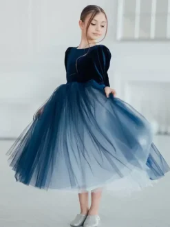 Robes de demoiselle d'honneur de mariage Robes pour occasions spéciales Bleu marine foncé Manches longues N艙uds